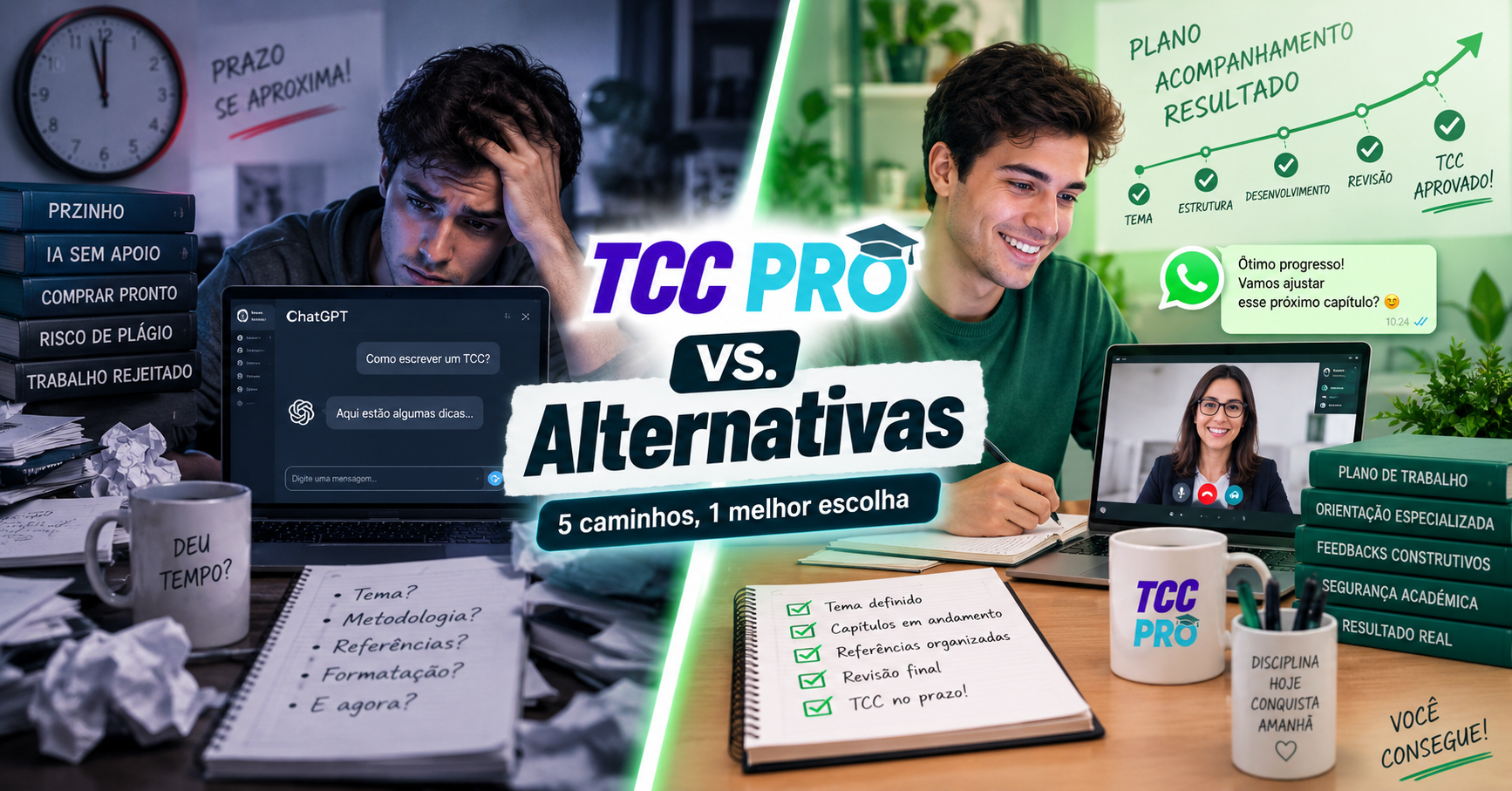 Comparação visual entre seguir sozinho ou com IA genérica no TCC (lado estressante) e contar com a TCC PRO (lado tranquilo, com acompanhamento humano)