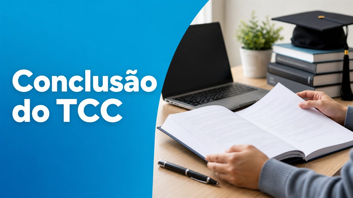 Capa do artigo Conclusão do TCC com estudante revisando trabalho acadêmico